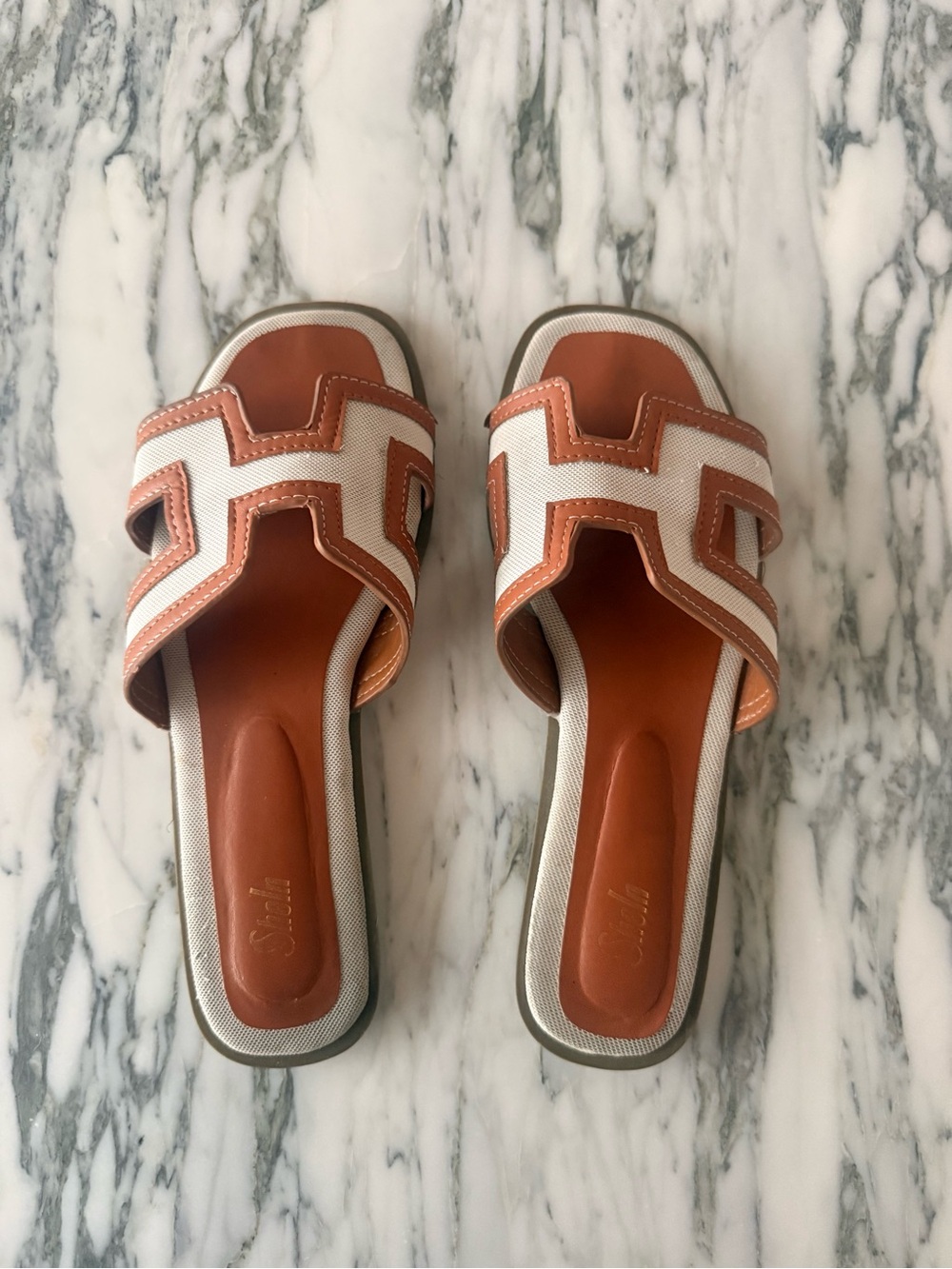 H Slide Sandals in Tan and White